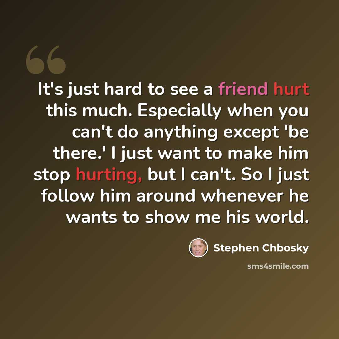 “It's just hard to see a friend hurt this much. Especially when you can't do anything except 'be there.' I just want to make him stop hurting, but I can't. So I just follow him around whenever he wants to show me his world.” quote by Stephen Chbosky