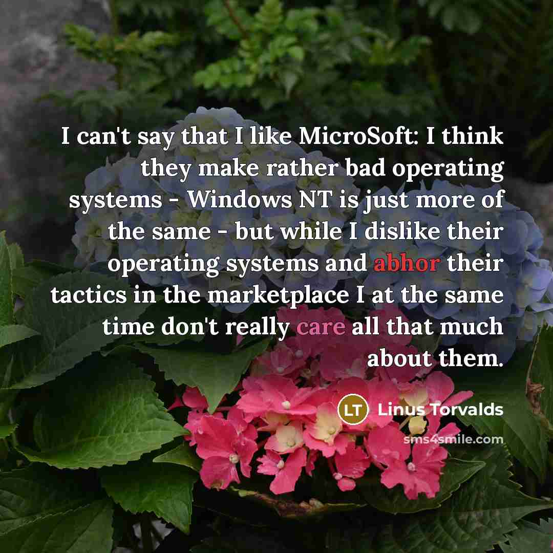 “I can't say that I like MicroSoft: I think they make rather bad operating systems - Windows NT is just more of the same - but while I dislike their operating systems and abhor their tactics in the marketplace I at the same time don't really care all that much about them.” quote by Linus Torvalds
