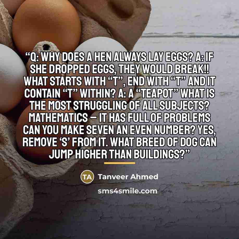 “Q: Why does a hen always lay eggs? A: If she dropped eggs, they would break!! What starts with “T”, end with “T” and it contain “T” within? A: A “Teapot” What is the most struggling of all subjects? MATHEMATICS – IT HAS FULL OF PROBLEMS Can you make SEVEN an even number? YES, REMOVE ‘S’ FROM IT…” quote by Tanveer Ahmed