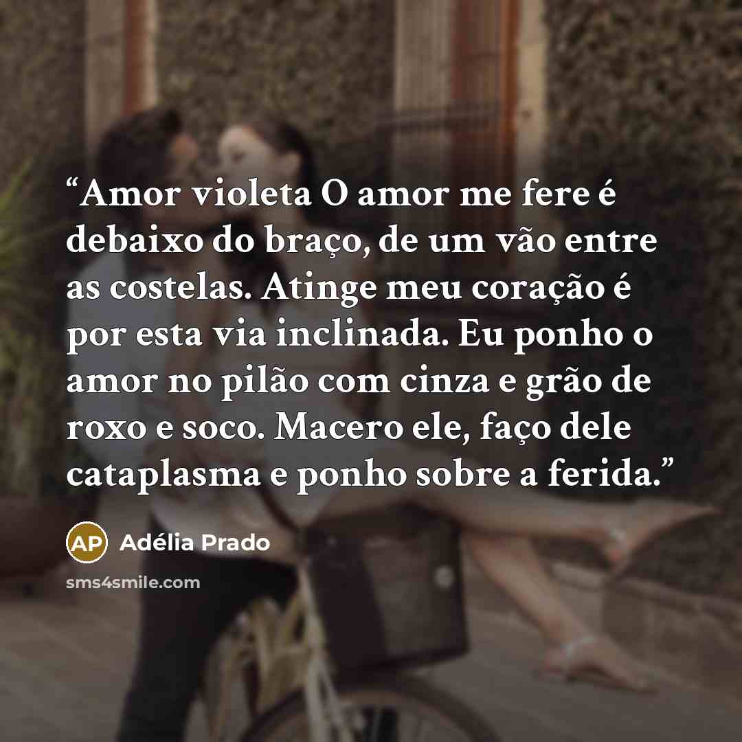 “Amor violeta O amor me fere é debaixo do braço, de um vão entre as costelas. Atinge meu coração é por esta via inclinada. Eu ponho o amor no pilão com cinza e grão de roxo e soco. Macero ele, faço dele cataplasma e ponho sobre a ferida.” quote by Adélia Prado