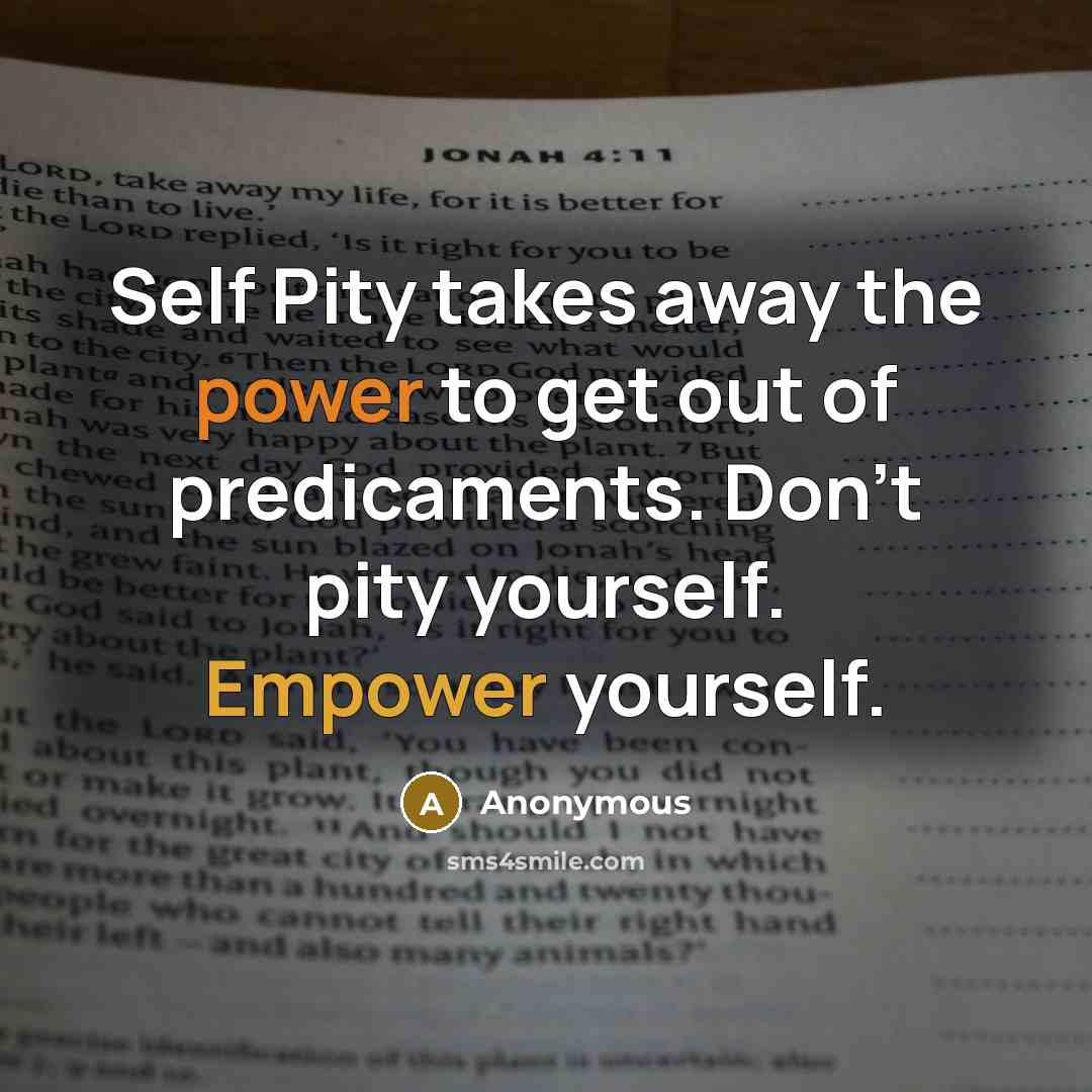 “Self Pity takes away the power to get out of predicaments. Don't pity yourself. Empower yourself.” quote by Anonymous