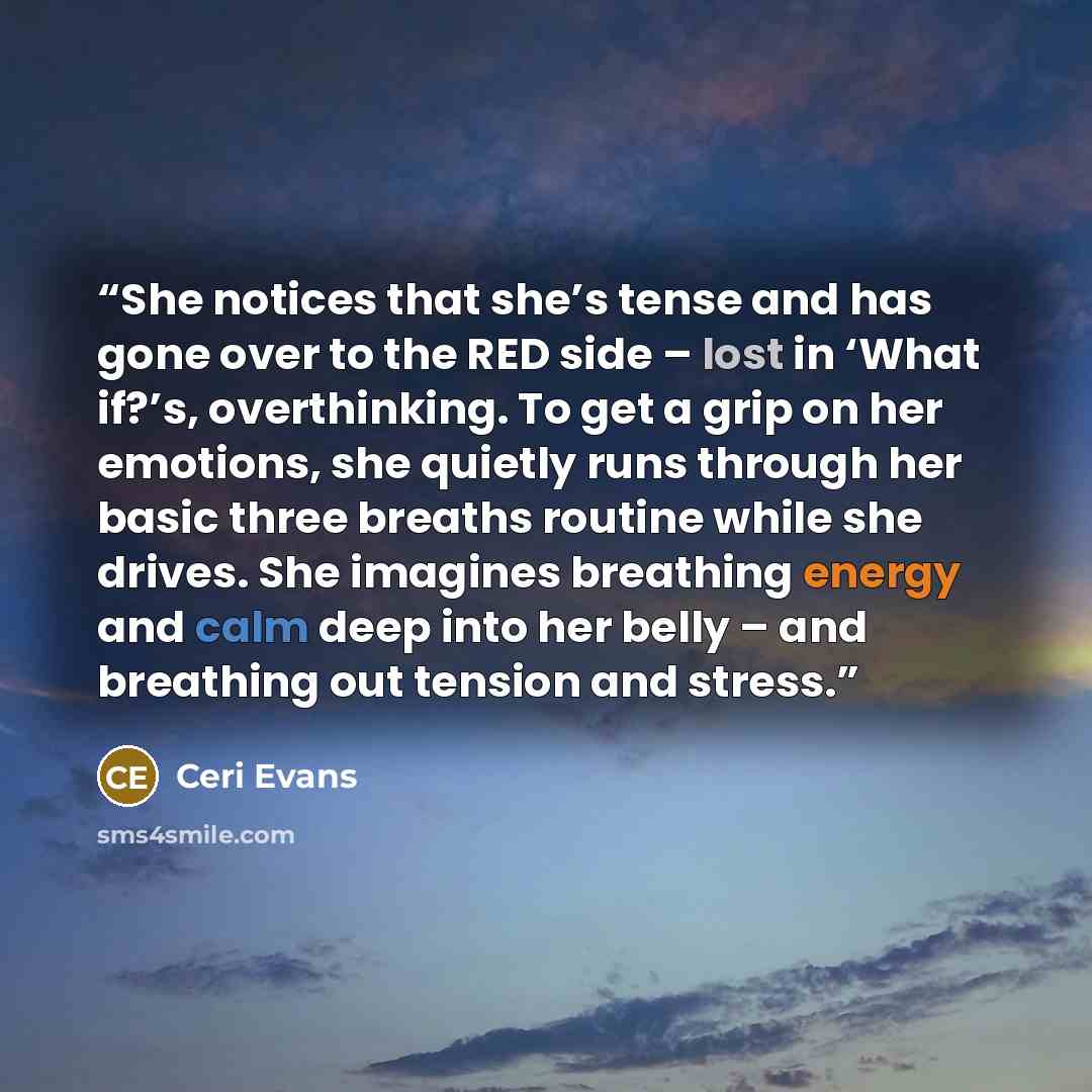 “She notices that she’s tense and has gone over to the RED side – lost in ‘What if?’s, overthinking. To get a grip on her emotions, she quietly runs through her basic three breaths routine while she drives. She imagines breathing energy and calm deep into her belly – and breathing out tension and…” quote by Ceri Evans
