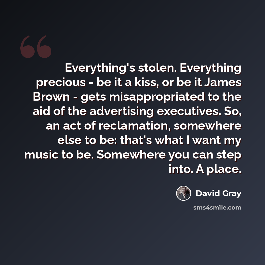 “Everything's stolen. Everything precious - be it a kiss, or be it James Brown - gets misappropriated to the aid of the advertising executives. So, an act of reclamation, somewhere else to be: that's what I want my music to be. Somewhere you can step into. A place.” quote by David Gray