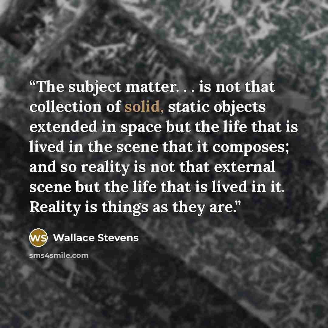 “The subject matter. . . is not that collection of solid, static objects extended in space but the life that is lived in the scene that it composes; and so reality is not that external scene but the life that is lived in it. Reality is things as they are.” quote by Wallace Stevens