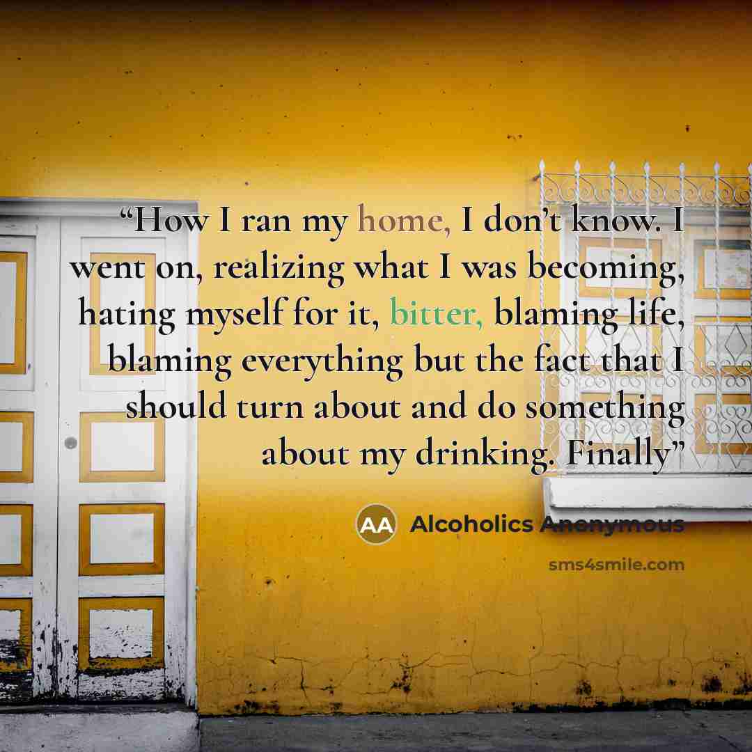 “How I ran my home, I don’t know. I went on, realizing what I was becoming, hating myself for it, bitter, blaming life, blaming everything but the fact that I should turn about and do something about my drinking. Finally” quote by Alcoholics Anonymous