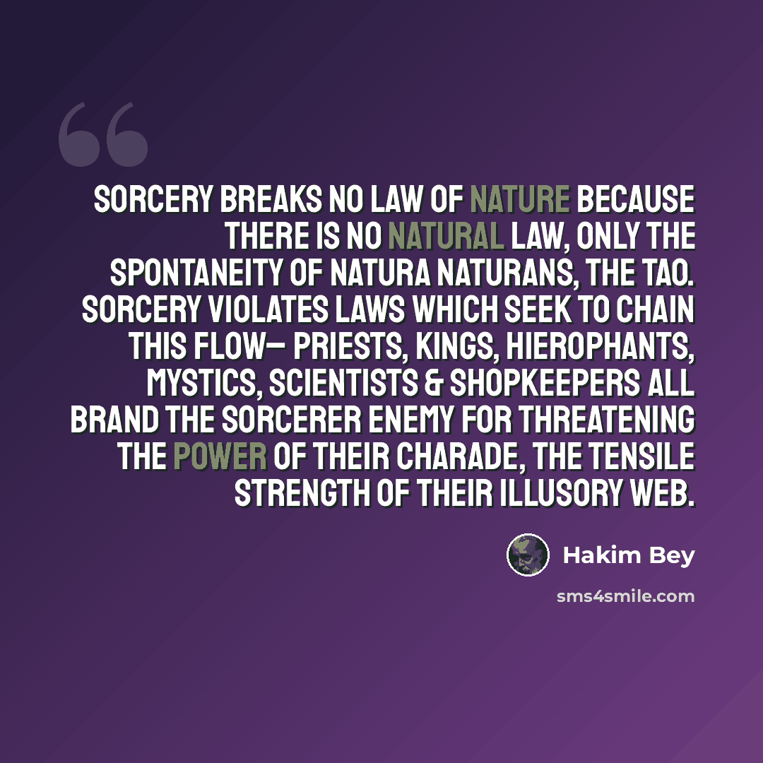 “Sorcery breaks no law of nature because there is no Natural Law, only the spontaneity of natura naturans, the tao. Sorcery violates laws which seek to chain this flow– priests, kings, hierophants, mystics, scientists & shopkeepers all brand the sorcerer enemy for threatening the power of their…” quote by Hakim Bey