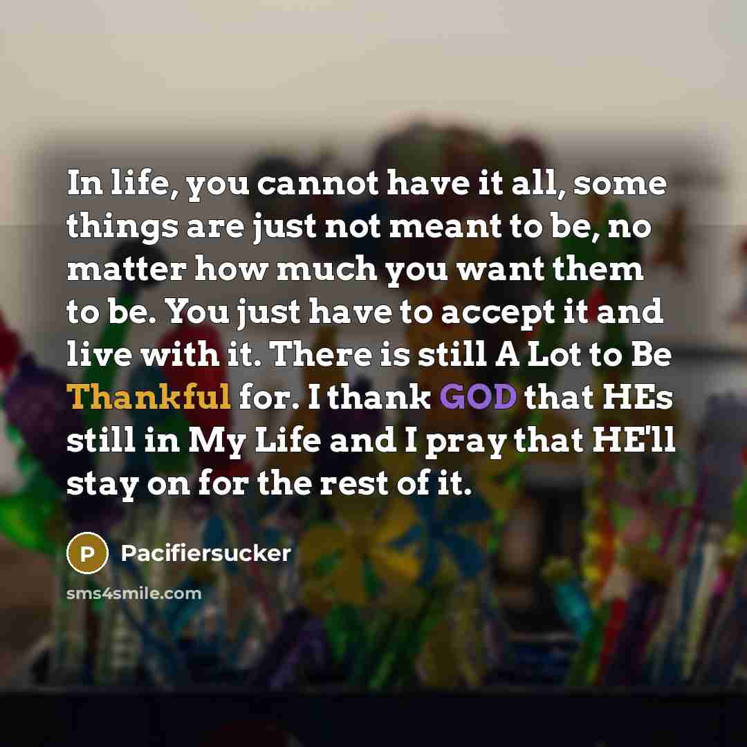 “In life, you cannot have it all, some things are just not meant to be, no matter how much you want them to be. You just have to accept it and live with it. There is still A Lot to Be Thankful for. I thank GOD that HEs still in My Life and I pray that HE'll stay on for the rest of it.” quote by Pacifiersucker