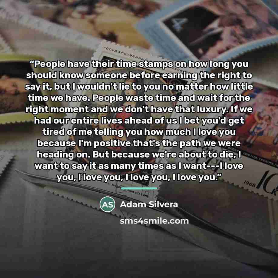 “People have their time stamps on how long you should know someone before earning the right to say it, but I wouldn't lie to you no matter how little time we have. People waste time and wait for the right moment and we don't have that luxury. If we had our entire lives ahead of us I bet you'd get…” quote by Adam Silvera