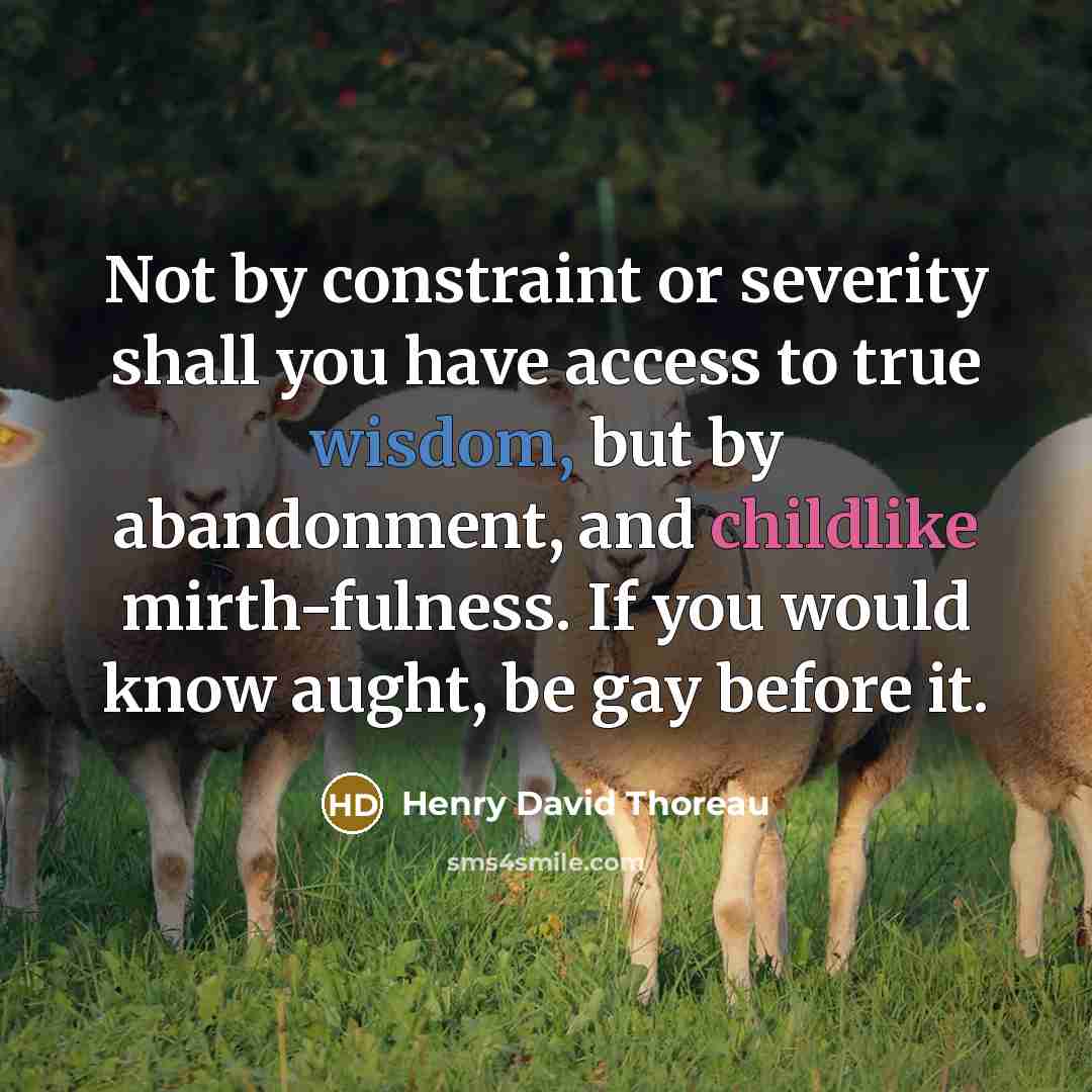 “Not by constraint or severity shall you have access to true wisdom, but by abandonment, and childlike mirth-fulness. If you would know aught, be gay before it.” quote by Henry David Thoreau