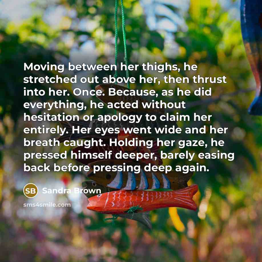 “Moving between her thighs, he stretched out above her, then thrust into her. Once. Because, as he did everything, he acted without hesitation or apology to claim her entirely. Her eyes went wide and her breath caught. Holding her gaze, he pressed himself deeper, barely easing back before pressing…” quote by Sandra Brown