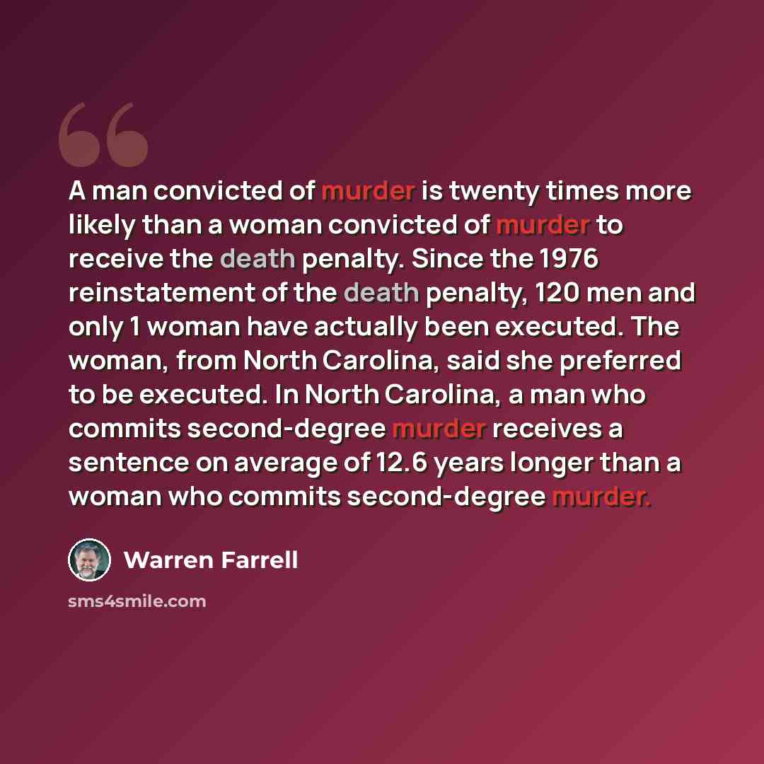 “A man convicted of murder is twenty times more likely than a woman convicted of murder to receive the death penalty. Since the 1976 reinstatement of the death penalty, 120 men and only 1 woman have actually been executed. The woman, from North Carolina, said she preferred to be executed. In North…” quote by Warren Farrell