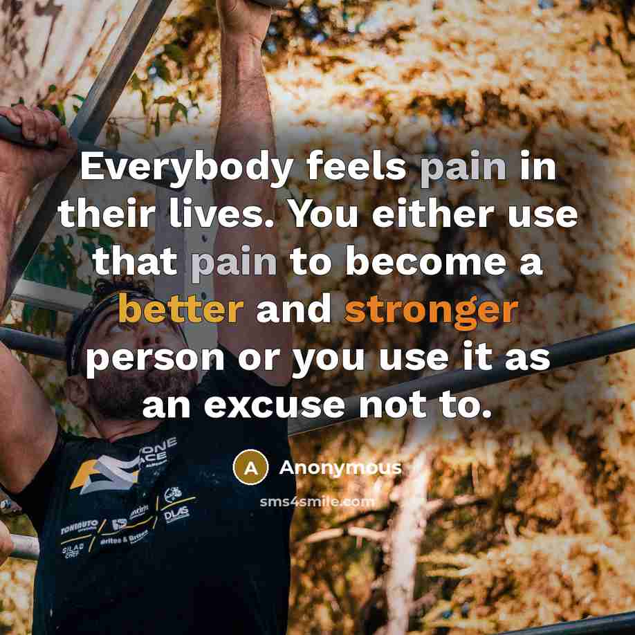 “Everybody feels pain in their lives. You either use that pain to become a better and stronger person or you use it as an excuse not to.” quote by Anonymous