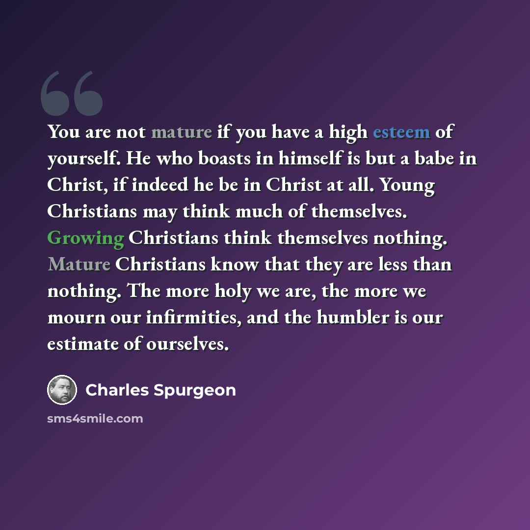 “You are not mature if you have a high esteem of yourself. He who boasts in himself is but a babe in Christ, if indeed he be in Christ at all. Young Christians may think much of themselves. Growing Christians think themselves nothing. Mature Christians know that they are less than nothing. The more…” quote by Charles Spurgeon
