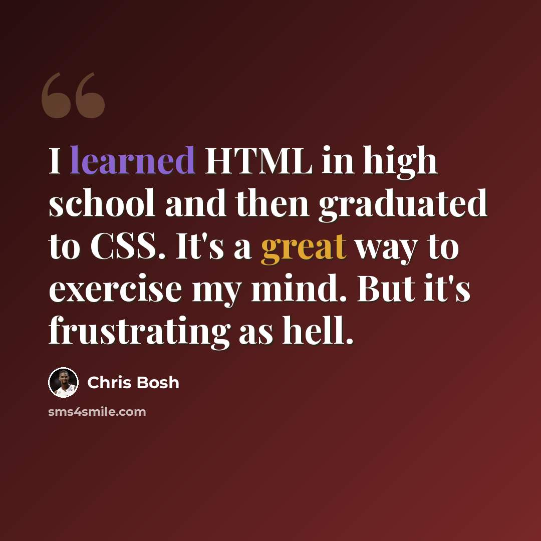 “I learned HTML in high school and then graduated to CSS. It's a great way to exercise my mind. But it's frustrating as hell.” quote by Chris Bosh