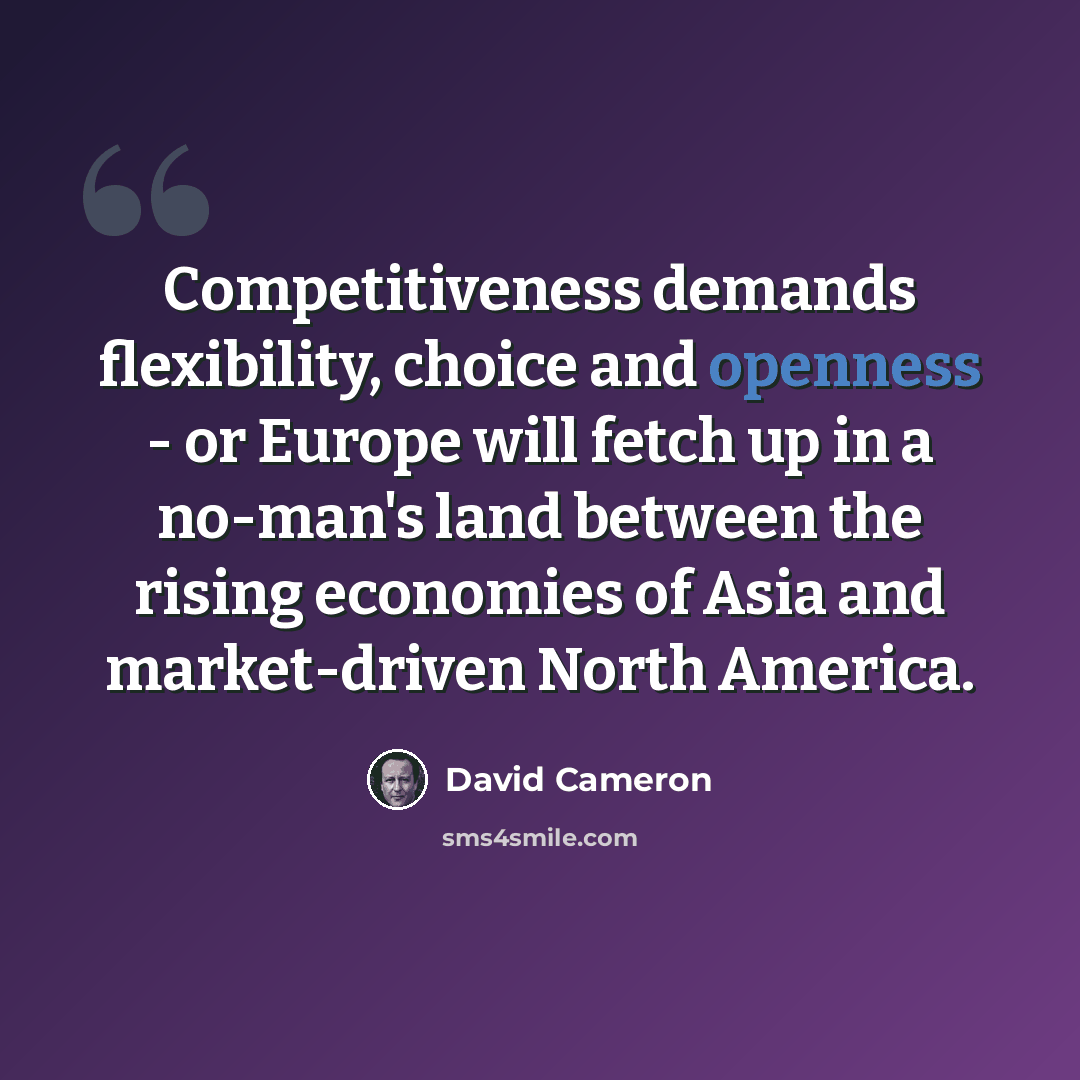 “Competitiveness demands flexibility, choice and openness - or Europe will fetch up in a no-man's land between the rising economies of Asia and market-driven North America.” quote by David Cameron