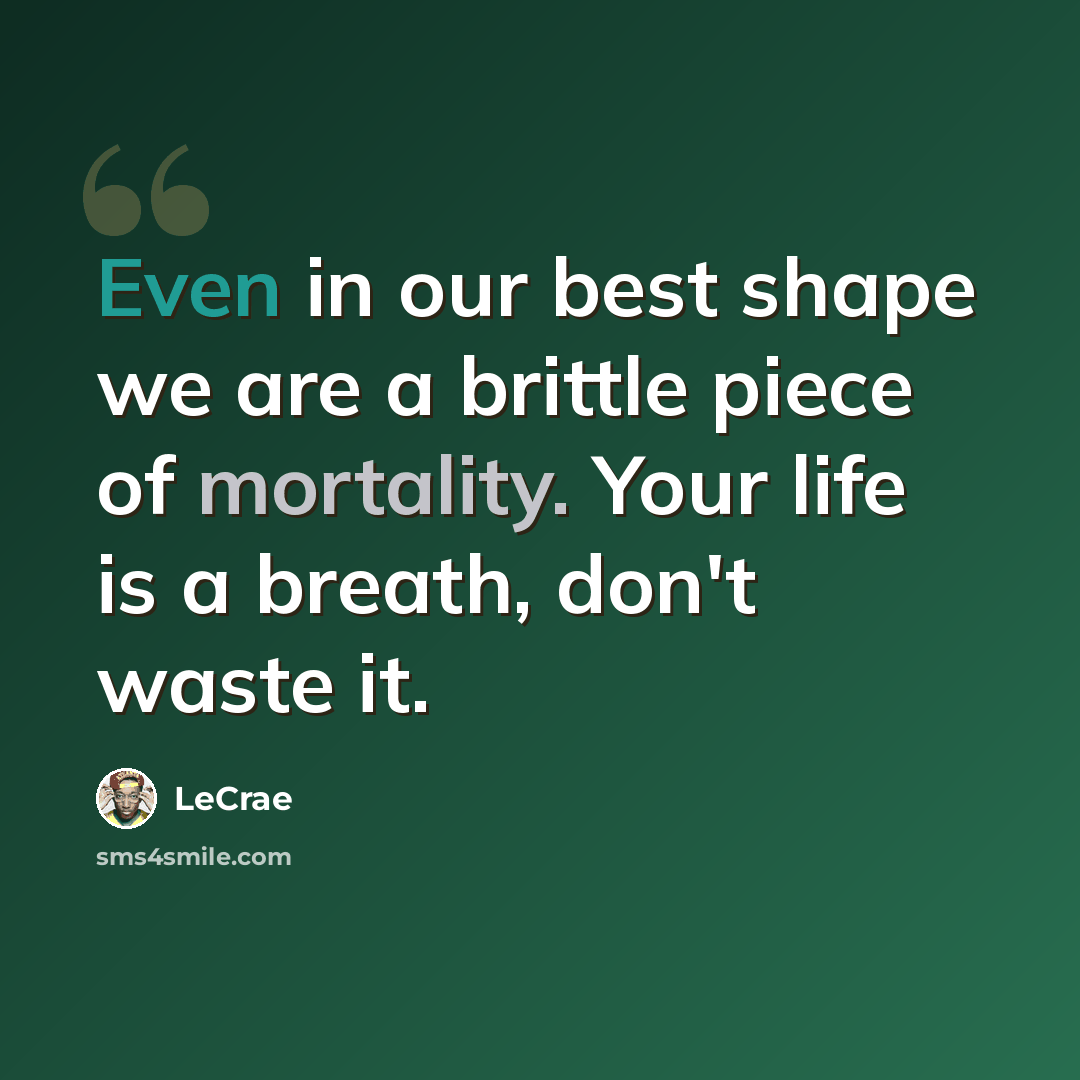 “Even in our best shape we are a brittle piece of mortality. Your life is a breath, don't waste it.” quote by LeCrae