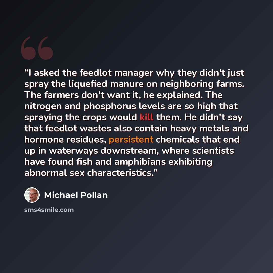 “I asked the feedlot manager why they didn't just spray the liquefied manure on neighboring farms. The farmers don't want it, he explained. The nitrogen and phosphorus levels are so high that spraying the crops would kill them. He didn't say that feedlot wastes also contain heavy metals and hormone…” quote by Michael Pollan