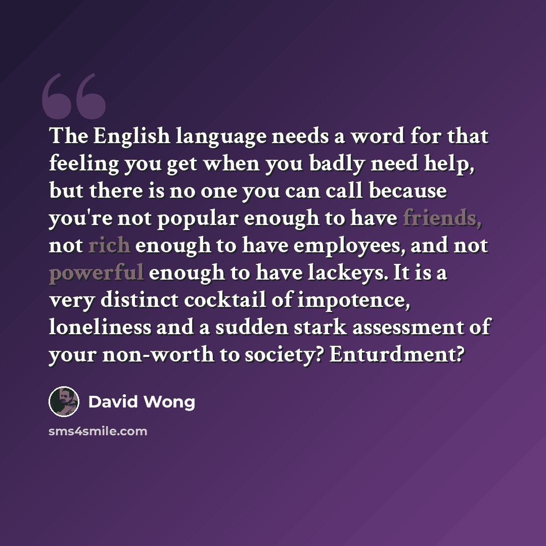 “The English language needs a word for that feeling you get when you badly need help, but there is no one you can call because you're not popular enough to have friends, not rich enough to have employees, and not powerful enough to have lackeys. It is a very distinct cocktail of impotence…” quote by David Wong