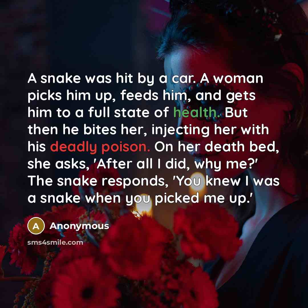 “A snake was hit by a car. A woman picks him up, feeds him, and gets him to a full state of health. But then he bites her, injecting her with his deadly poison. On her death bed, she asks, 'After all I did, why me?' The snake responds, 'You knew I was a snake when you picked me up.'” quote by Anonymous