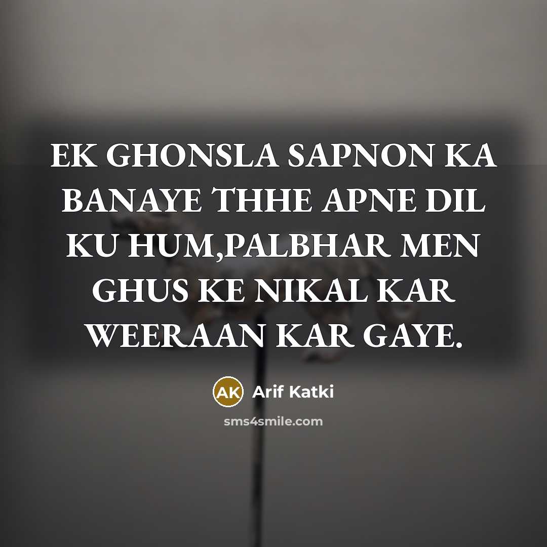 “EK GHONSLA SAPNON KA BANAYE THHE APNE DIL KU HUM,PALBHAR MEN GHUS KE NIKAL KAR WEERAAN KAR GAYE.” quote by Arif Katki