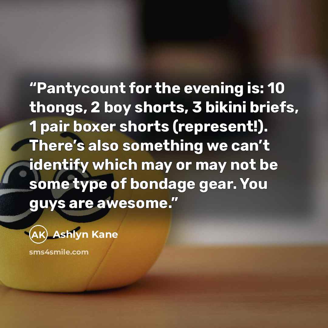 “Pantycount for the evening is: 10 thongs, 2 boy shorts, 3 bikini briefs, 1 pair boxer shorts (represent!). There’s also something we can’t identify which may or may not be some type of bondage gear. You guys are awesome.” quote by Ashlyn Kane