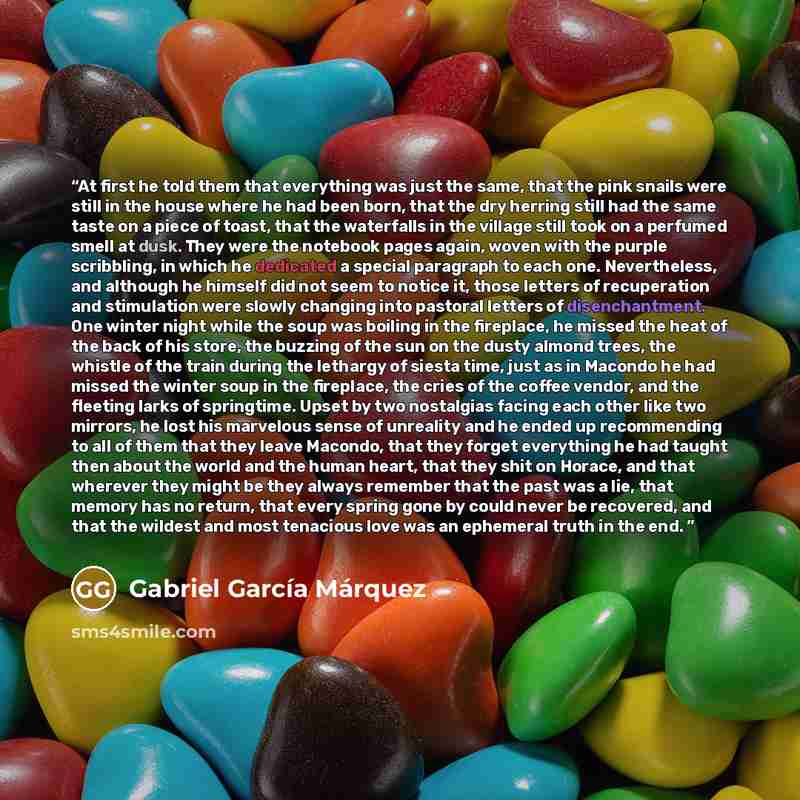 “At first he told them that everything was just the same, that the pink snails were still in the house where he had been born, that the dry herring still had the same taste on a piece of toast, that the waterfalls in the village still took on a perfumed smell at dusk. They were the notebook pages…” quote by Gabriel García Márquez