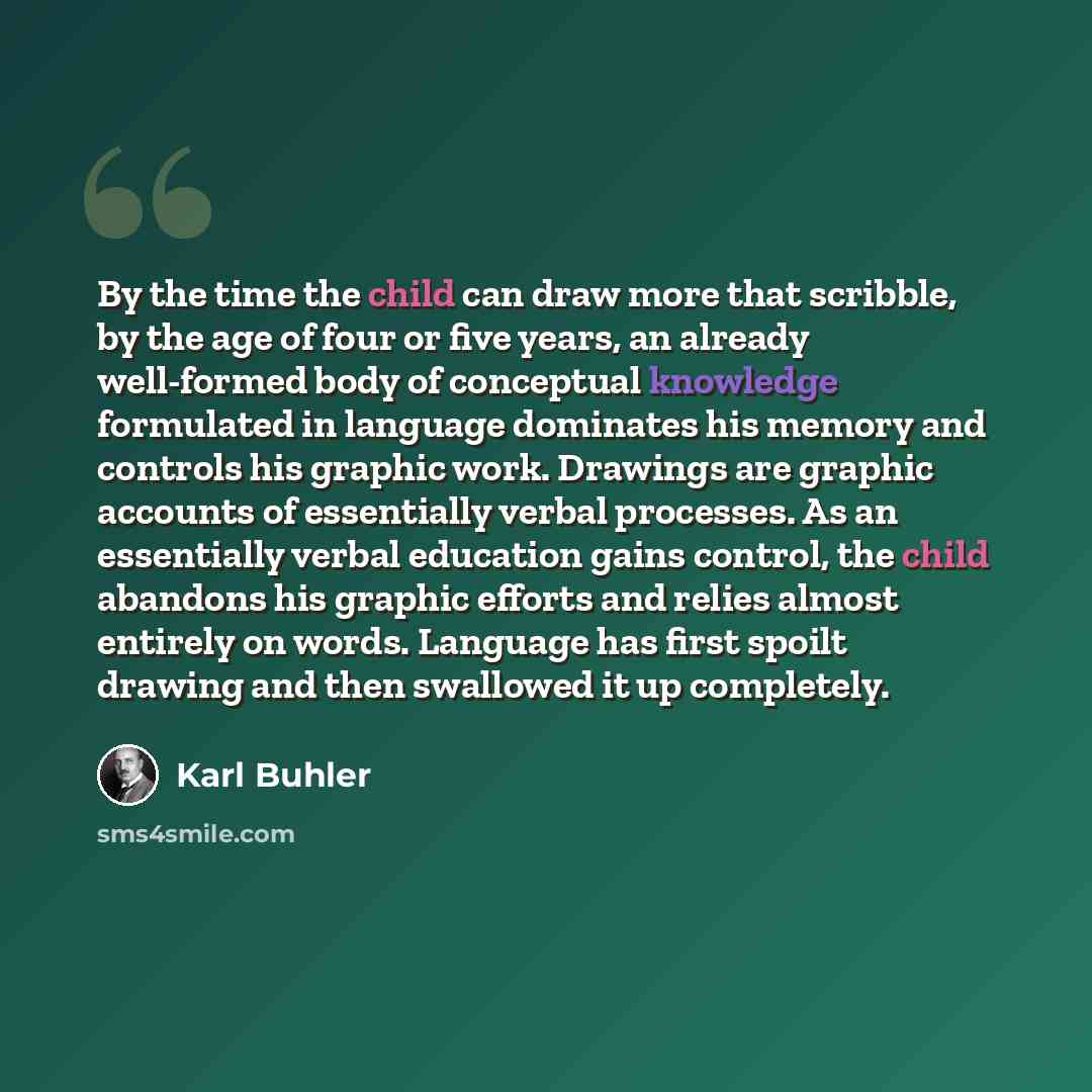 “By the time the child can draw more that scribble, by the age of four or five years, an already well-formed body of conceptual knowledge formulated in language dominates his memory and controls his graphic work. Drawings are graphic accounts of essentially verbal processes. As an essentially…” quote by Karl Buhler