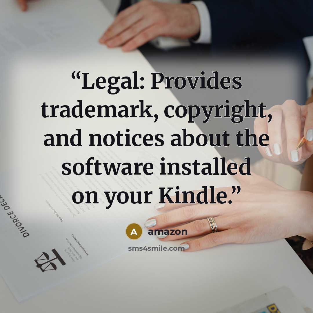 “Legal: Provides trademark, copyright, and notices about the software installed on your Kindle.” quote by Amazon