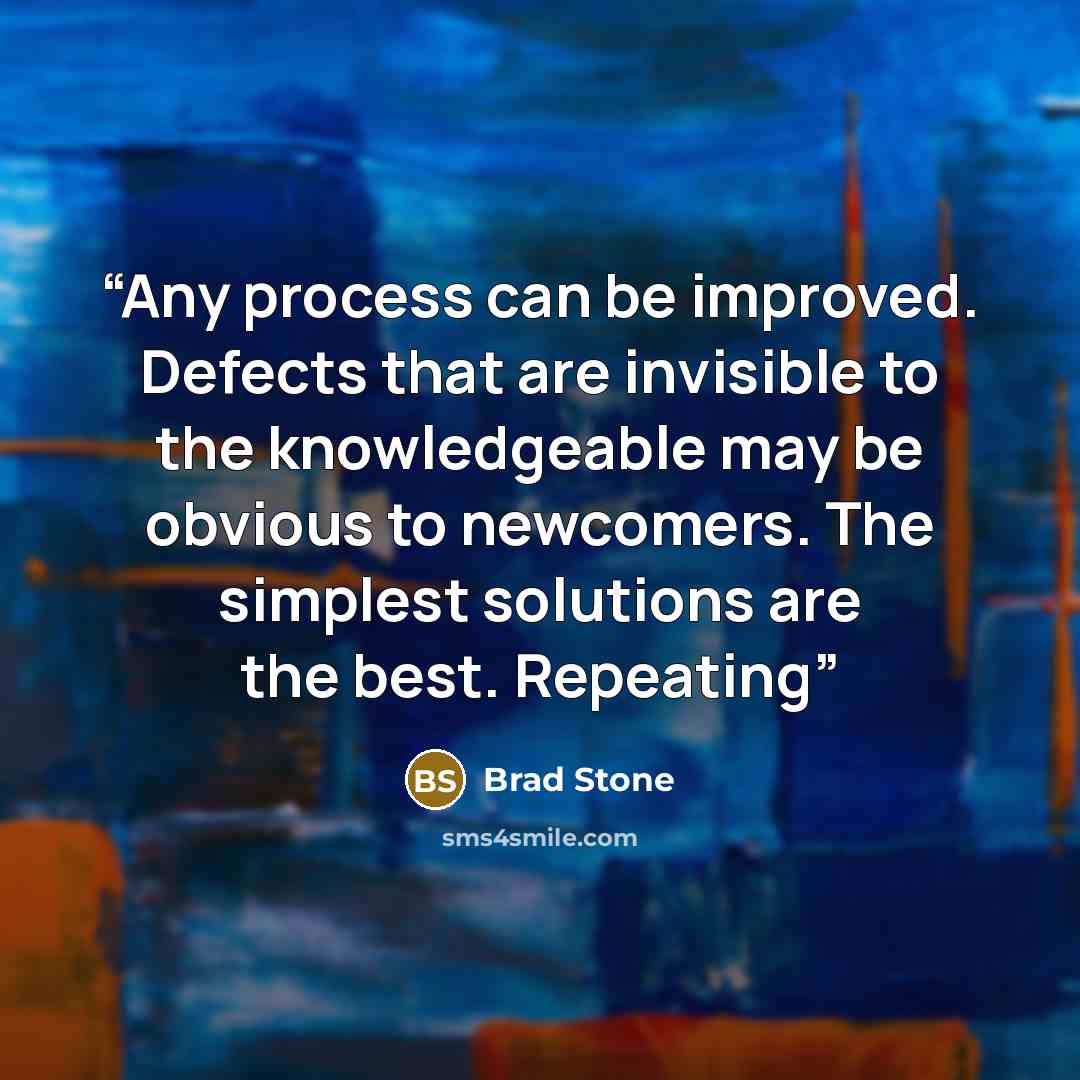 “Any process can be improved. Defects that are invisible to the knowledgeable may be obvious to newcomers. The simplest solutions are the best. Repeating” quote by Brad Stone