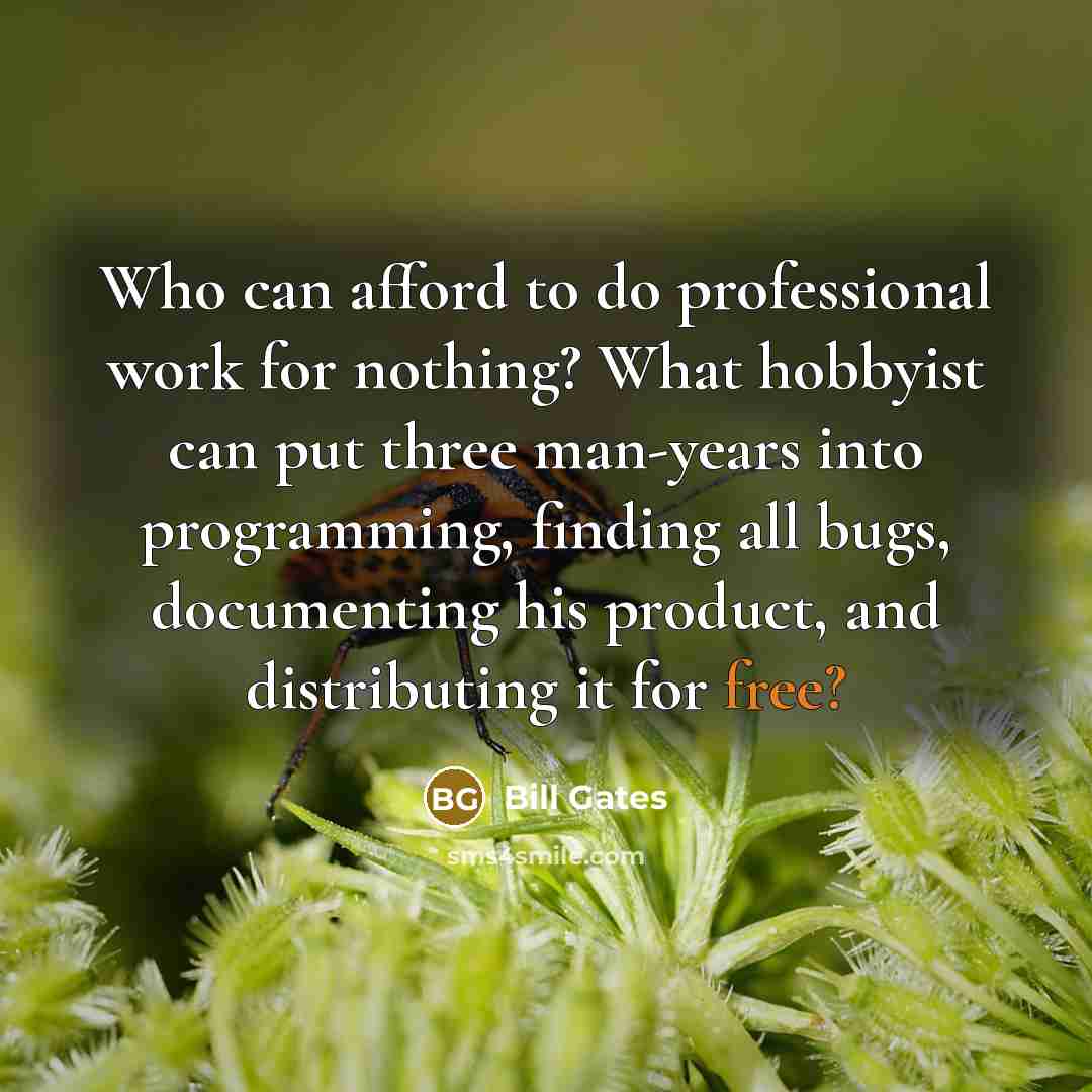 “Who can afford to do professional work for nothing? What hobbyist can put three man-years into programming, finding all bugs, documenting his product, and distributing it for free?” quote by Bill Gates