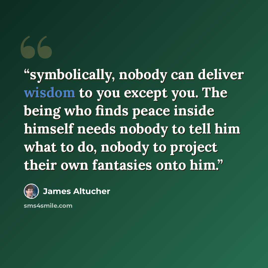 “symbolically, nobody can deliver wisdom to you except you. The being who finds peace inside himself needs nobody to tell him what to do, nobody to project their own fantasies onto him.” quote by James Altucher