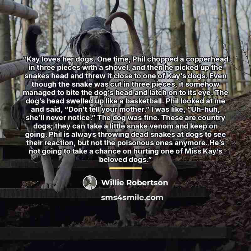 “Kay loves her dogs. One time, Phil chopped a copperhead in three pieces with a shovel, and then he picked up the snakes head and threw it close to one of Kay’s dogs. Even though the snake was cut in three pieces, it somehow managed to bite the dog’s head and latch on to its eye. The dog’s head…” quote by Willie Robertson