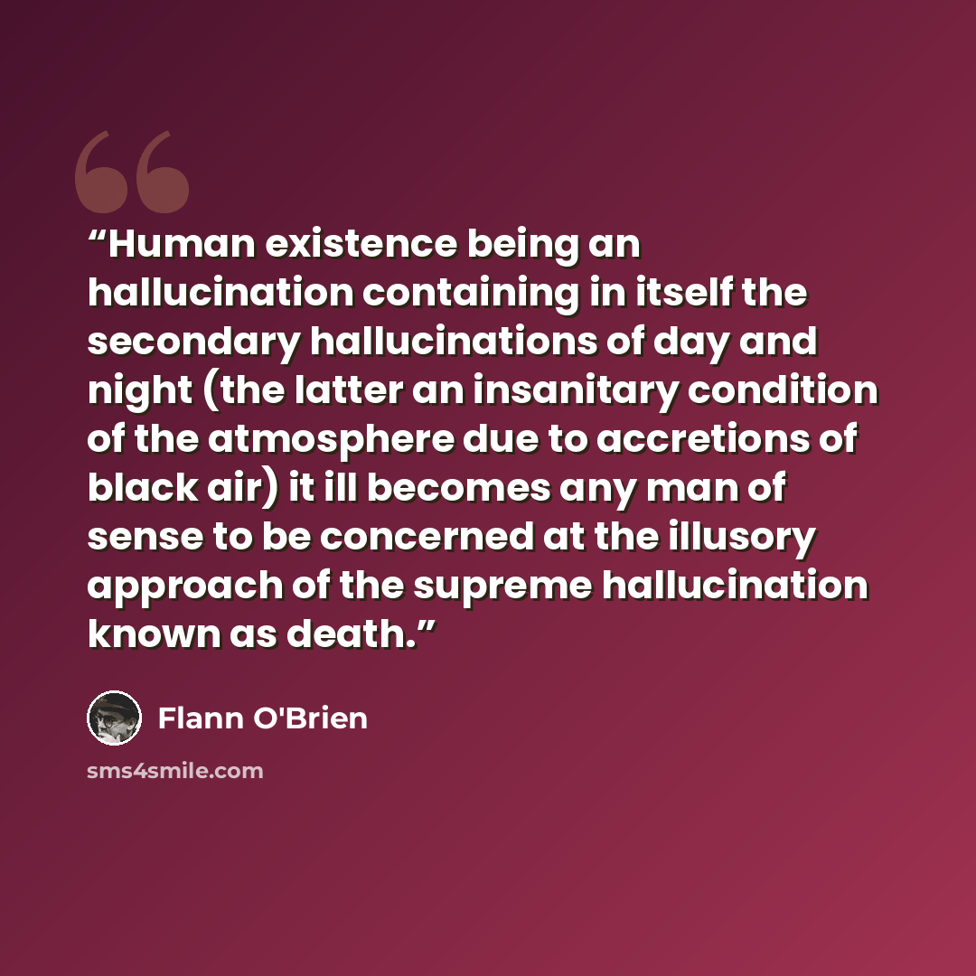 “Human existence being an hallucination containing in itself the secondary hallucinations of day and night (the latter an insanitary condition of the atmosphere due to accretions of black air) it ill becomes any man of sense to be concerned at the illusory approach of the supreme hallucination…” quote by Flann O'Brien