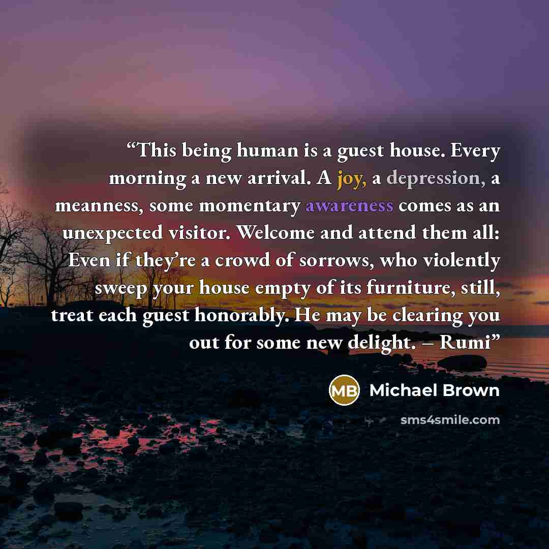 “This being human is a guest house. Every morning a new arrival. A joy, a depression, a meanness, some momentary awareness comes as an unexpected visitor. Welcome and attend them all: Even if they’re a crowd of sorrows, who violently sweep your house empty of its furniture, still, treat each guest…” quote by Michael Brown