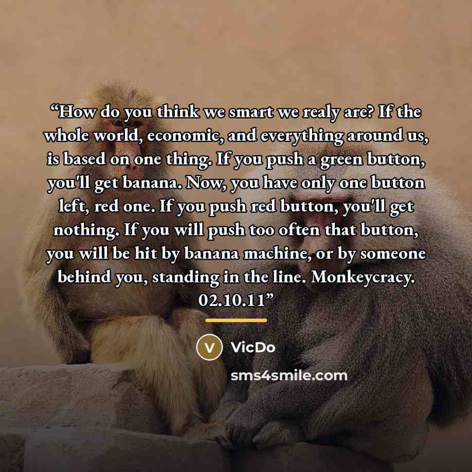 “How do you think we smart we realy are? If the whole world, economic, and everything around us, is based on one thing. If you push a green button, you'll get banana. Now, you have only one button left, red one. If you push red button, you'll get nothing. If you will push too often that button, you…” quote by VicDo