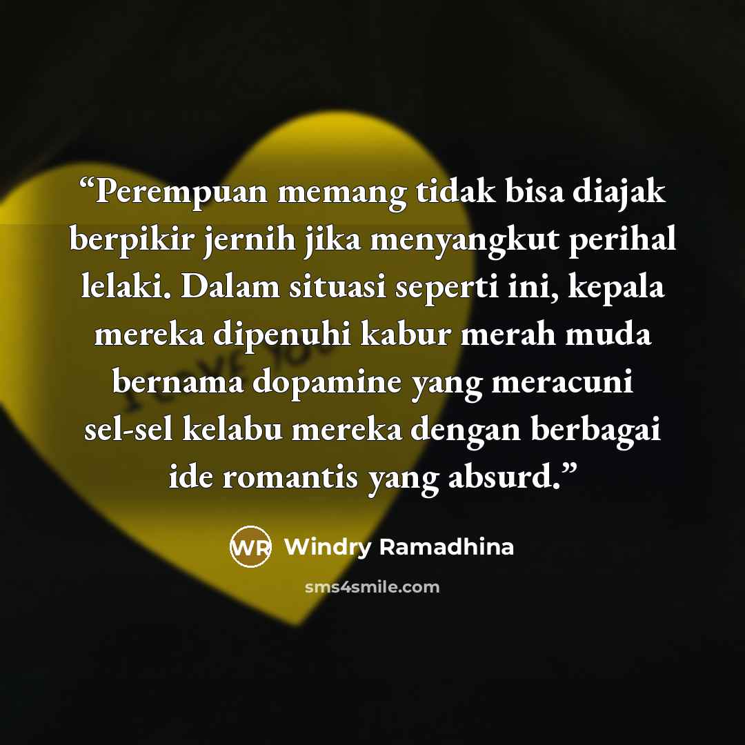 “Perempuan memang tidak bisa diajak berpikir jernih jika menyangkut perihal lelaki. Dalam situasi seperti ini, kepala mereka dipenuhi kabur merah muda bernama dopamine yang meracuni sel-sel kelabu mereka dengan berbagai ide romantis yang absurd.” quote by Windry Ramadhina