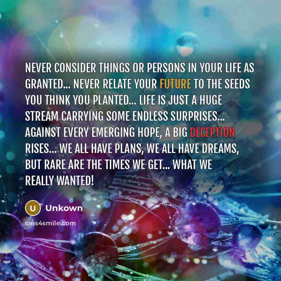 “Never consider things or persons in your life as granted... Never relate your future to the seeds you think you planted... Life is just a huge stream carrying some endless surprises... Against every emerging hope, a big deception rises... We all have plans, we all have dreams, but rare are the…” quote by Unkown