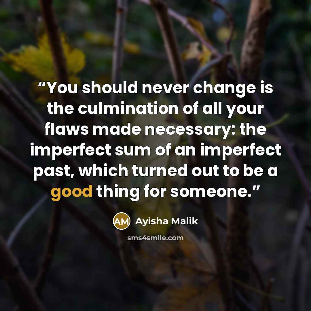 “You should never change is the culmination of all your flaws made necessary: the imperfect sum of an imperfect past, which turned out to be a good thing for someone.” quote by Ayisha Malik