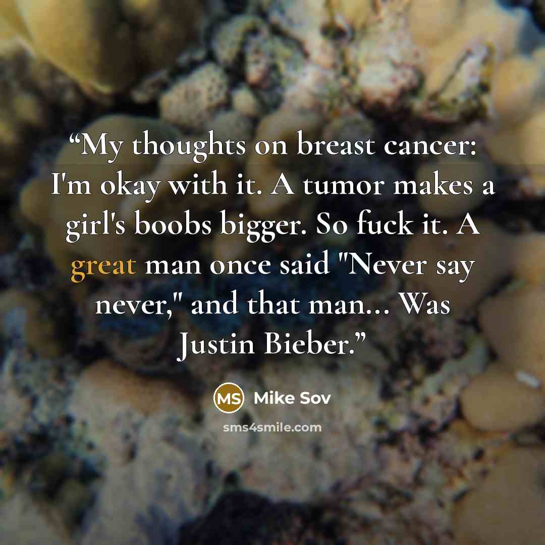 “My thoughts on breast cancer: I'm okay with it. A tumor makes a girl's boobs bigger. So fuck it. A great man once said "Never say never," and that man... Was Justin Bieber.” quote by Mike Sov