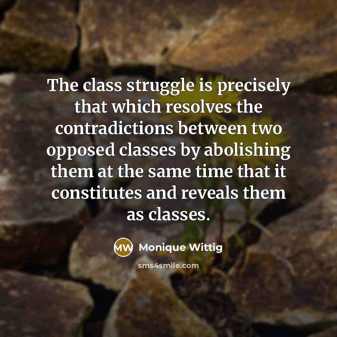 “The class struggle is precisely that which resolves the contradictions between two opposed classes by abolishing them at the same time that it constitutes and reveals them as classes.” quote by Monique Wittig