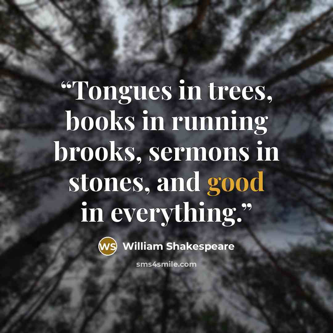 “Tongues in trees, books in running brooks, sermons in stones, and good in everything.” quote by William Shakespeare