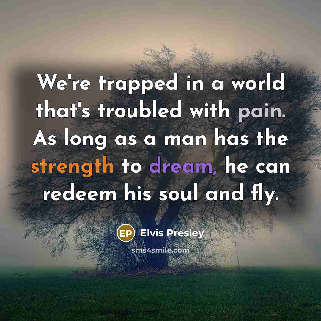 “We're trapped in a world that's troubled with pain. As long as a man has the strength to dream, he can redeem his soul and fly.” quote by Elvis Presley