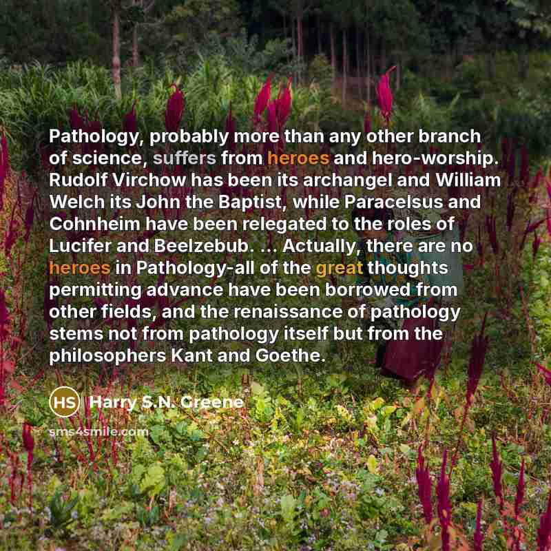 “Pathology, probably more than any other branch of science, suffers from heroes and hero-worship. Rudolf Virchow has been its archangel and William Welch its John the Baptist, while Paracelsus and Cohnheim have been relegated to the roles of Lucifer and Beelzebub. ... Actually, there are no heroes…” quote by Harry S.N. Greene