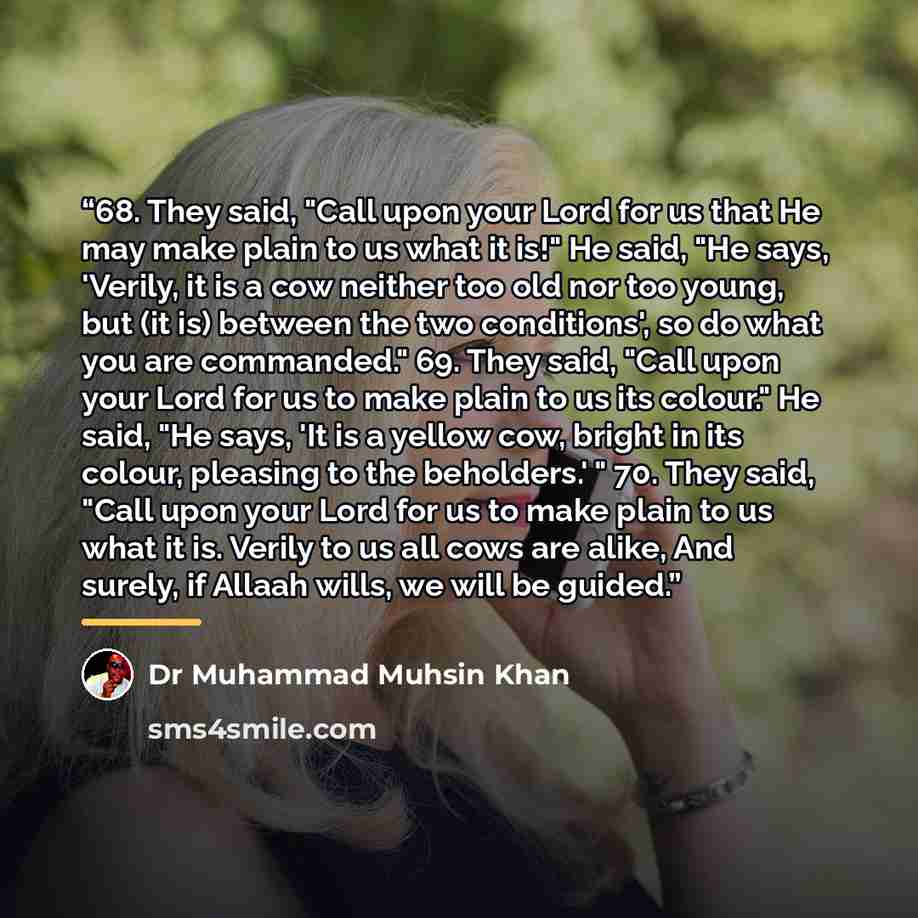 “68. They said, "Call upon your Lord for us that He may make plain to us what it is!" He said, "He says, 'Verily, it is a cow neither too old nor too young, but (it is) between the two conditions', so do what you are commanded." 69. They said, "Call upon your Lord for us to make plain to us its…” quote by Dr Muhammad Muhsin Khan