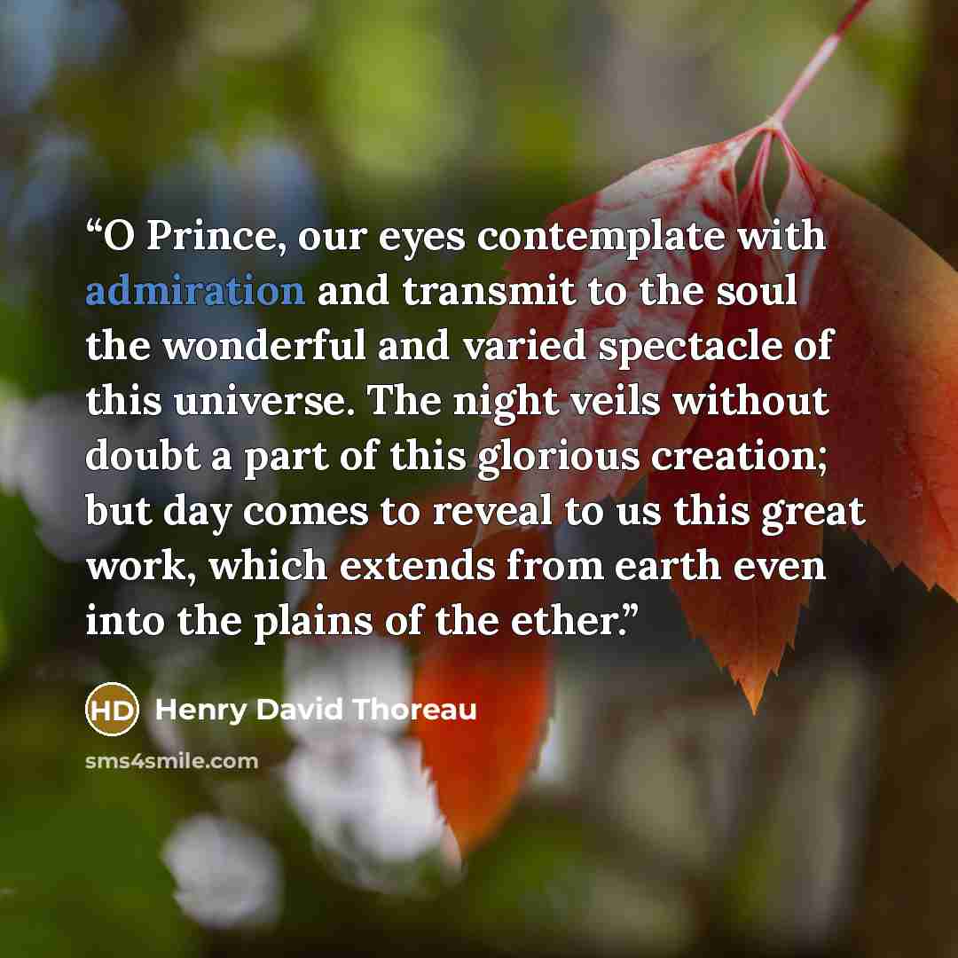 “O Prince, our eyes contemplate with admiration and transmit to the soul the wonderful and varied spectacle of this universe. The night veils without doubt a part of this glorious creation; but day comes to reveal to us this great work, which extends from earth even into the plains of the ether.” quote by Henry David Thoreau
