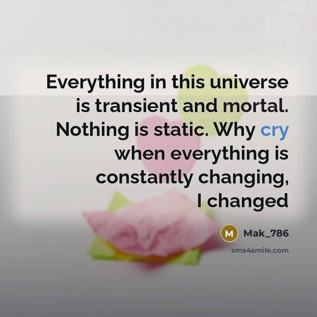 “Everything in this universe is transient and mortal. Nothing is static. Why cry when everything is constantly changing, I changed” quote by Mak_786