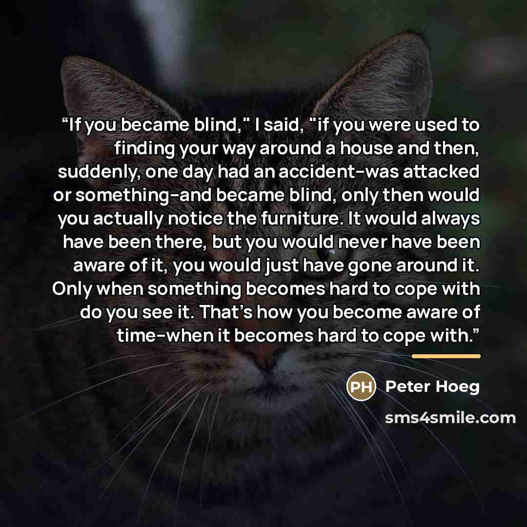 “If you became blind," I said, "if you were used to finding your way around a house and then, suddenly, one day had an accident--was attacked or something--and became blind, only then would you actually notice the furniture. It would always have been there, but you would never have been aware of…” quote by Peter Hoeg