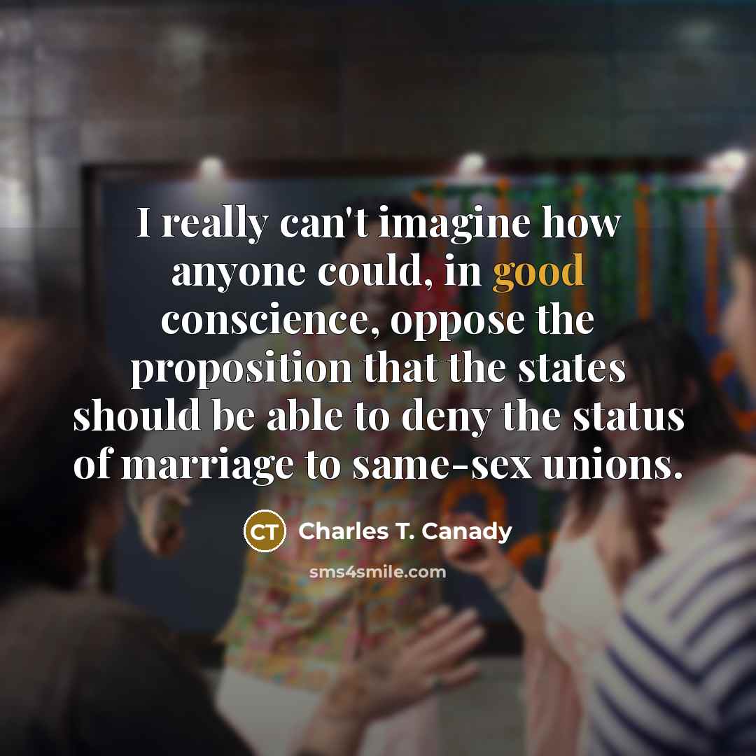 “I really can't imagine how anyone could, in good conscience, oppose the proposition that the states should be able to deny the status of marriage to same-sex unions.” quote by Charles T. Canady