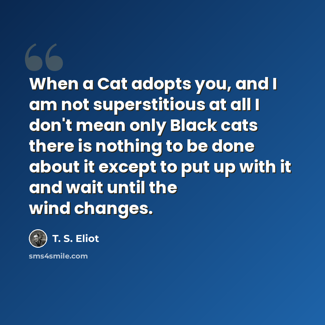 “When a Cat adopts you, and I am not superstitious at all I don't mean only Black cats there is nothing to be done about it except to put up with it and wait until the wind changes.” quote by T. S. Eliot