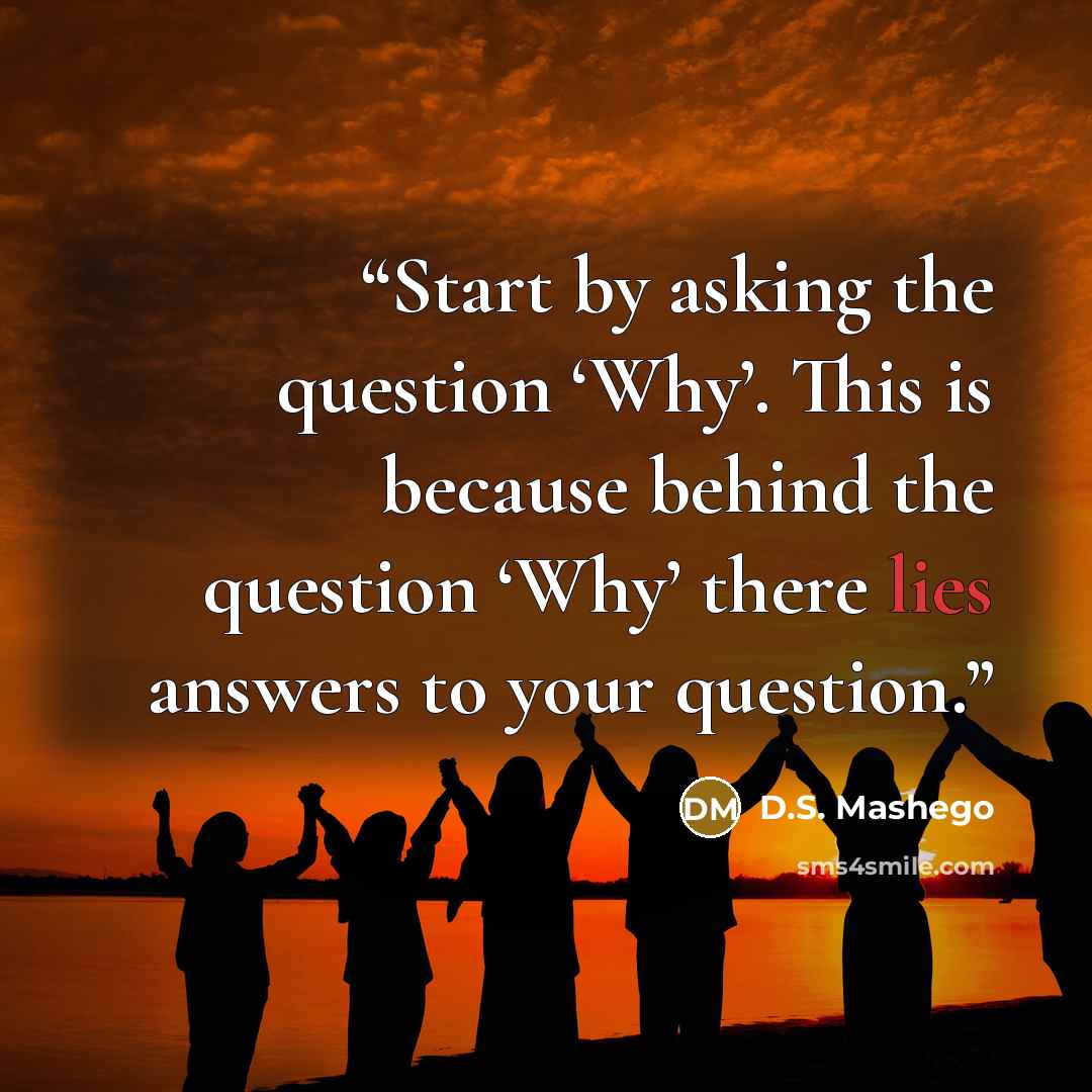 “Start by asking the question ‘Why’. This is because behind the question ‘Why’ there lies answers to your question.” quote by D.S. Mashego